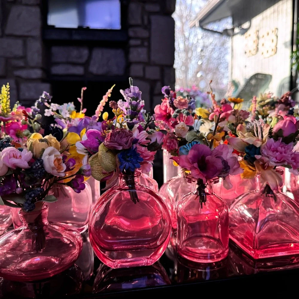 Lot Of 24 Custom Wedding Pink Glass Bud Vases Bundle One-Of-A-Kind With Flowers